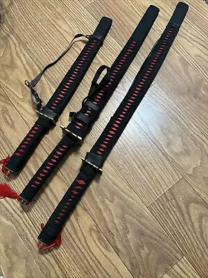 Decorative Set Of 3 Ninja Samurai Swords Black And Red Sheath 3 Sizes Vintage • $100