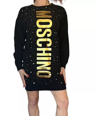 Moschino Teen 14 Or Women's XS Sweatshirt Sweater Dress Black Gold Logo Studs • $49.99