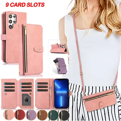 9 Card Slots Women Leather Zipper Wallet Case Card Holder Cover Crossbody Strap • $22.99