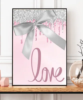 Pink Silver Love Print Couples Digital Glitter A4 Glam Bedroom Picture Wall Art • £5.79