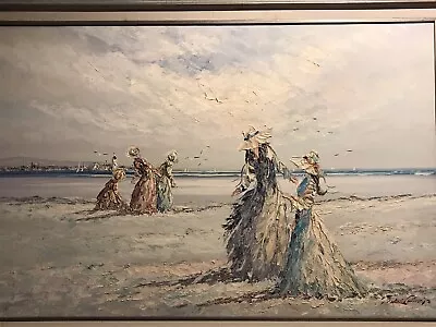 Marie Charlot Original Art Oil On Canvas Signed 24”x 36” Fashion Women On Beach • $200