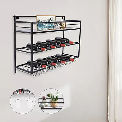 Wine Rack Wall Mounted Metal Wine Shelf With Bottle Stemware Glass Holder • $36