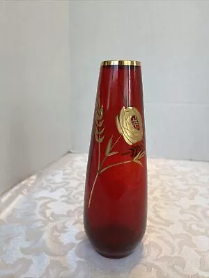 Blood Red  Bud Vase Etched In Gold Trim Flower And Leaves 8” Tall • $10