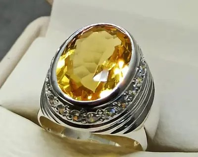 Rare Big Oval Cut Yellow Topaz Mens Ring Sterling Silver Handmade Pukhraj Ring • $262