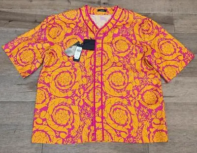 $1325 Mens VERSACE Silk Baroque Button Up Camp Shirt Magenta/Orange 52 US XL • $449.99