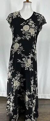 Vintage LAURA ASHLEY Size US 10 Long Black Floral Silk Maxi Dress Cottagecore • £96.51