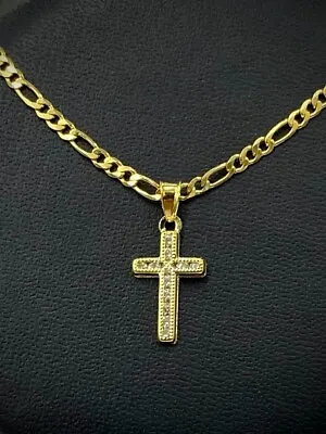 Men Women Cross CZ Pendant 14k Gold Filled Figaro Chain Necklace Baby Kids 17x10 • $37.99