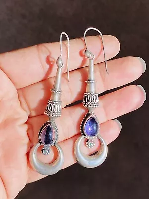 Vintage Tribal Gypsy Boho Bali Sterling Silver Amethyst Dangle Long Earrings 3” • $129.99