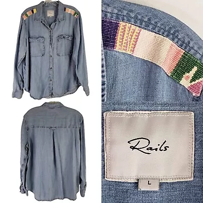 Rails Denim Shirt Button Down Chambray Jimi LS Size Large L Embroidered Aztec • $39.99