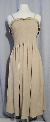 H&M Solid Beige Dress Casual Shirred Midi Sleeveless Ruffle Size L Cottagecore • $20