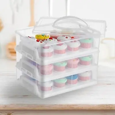 3 Tier Plastic Cake Box Carrier Cupcake Storage Box Container Clear With Lid • £19.95