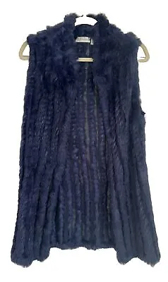 Women Neiman Marcus Rabbit Fur Knitted Vest Size Large Blue Long • £56.99