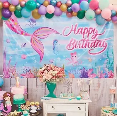 Satin HAPPY BIRTHDAY Mermaid Photoshoot Backdrop Party Decorations 73'' X 43'' • $9.79