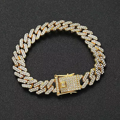 Men's 12MM 14K Gold Plated Iced CZ Out Solid Miami Cuban Link Bracelet Or Chain • $14.09