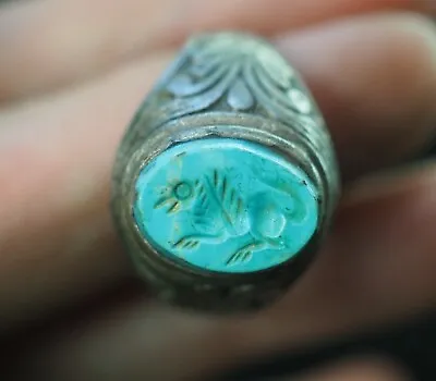 Antique Turquoise Flying Griffin Intaglio Sterling Silver Signet Roman Ring  • $89.99
