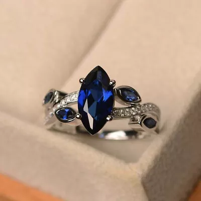 14k White Gold Plated 2Ct Marquise Cut Lab Created Blue Sapphire Engagement Ring • $103.99