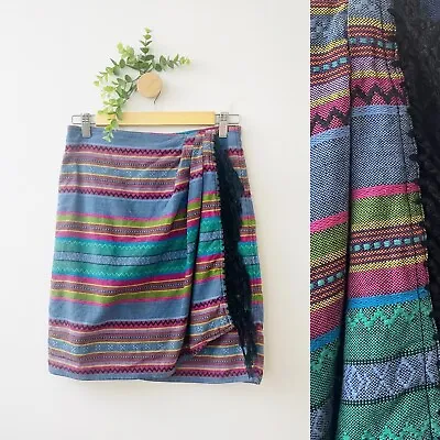 Vintage Liz Wear Tapestry Aztec Boho Colorful Boho Wrap Mini Skirt Size 10 • $17.95