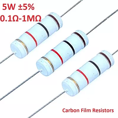 10pcs 5W Carbon Film Resistors ±5% Range 0.1Ω/Ohm To 1MΩ/Ohm • $3.19
