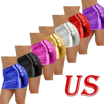 US Women's Shiny Leather Stretchy Liquid Wet Look Bodycon  Mini SkirtClubwear • $7.69