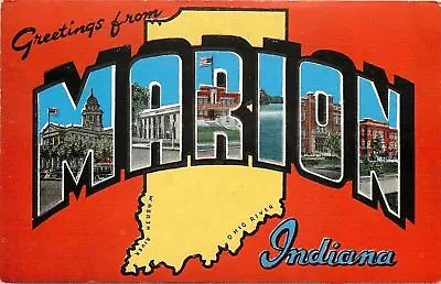 Marion Indiana~Large Letter Linen Postcard~Schools~Map~Armory~Court House • $5