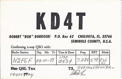 Vintage KD4T Chuluota Florida USA 1989 Amateur Radio QSL Card • $5.99