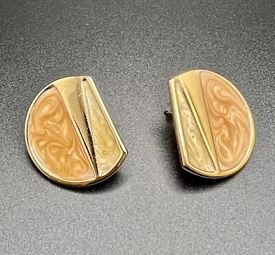 Vintage 80’s Era Modern MONET Signed Post Earrings Gold Tone Peach/Tan Enamel • $9.99