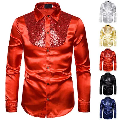 Men Sequin Glitter Shirts Tops Party Dance Show Costume Fancy Dress Long Sleeved • £18.98