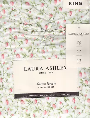 Laura Ashley King Sheet Set Bramble Vine Pink 4pc Cottage Farmhouse Green White • $89.99