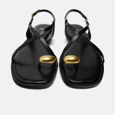 Zara Flat Strappy Sandals With Metal Embellishment • $99