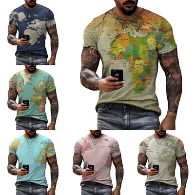 Men World Map Print Short Sleeve Slim T Shirt Summer O Neck Casual Pullover Top • £9.89