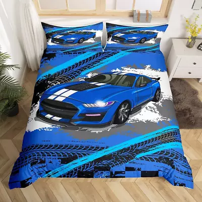 Blue Sports Car Duvet Cover For Kids Boys MenGraffiti Race Car Bedding Set Twin • $53.40