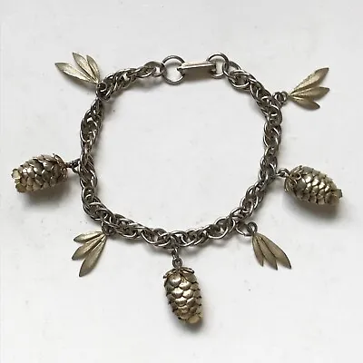 $22.99 • Buy Vintage Silver Tone Pinecone And Leaves Autumn Fall Charm Bracelet