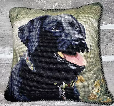 Vintage Wool Needlepoint Black Lab Dog Decorative Throw Pillow • $39.99