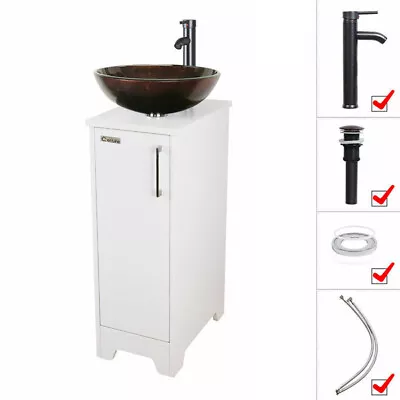 14  White Bathroom Vanity Cabinet Set Vessel Glass Ceramic Sink Faucet Combo New • $219.99