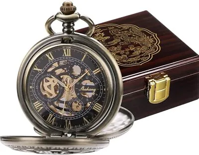 Pocket Watch Skeleton Mechanical Double Case Hand-Wind Roman Numerals Antique • $99