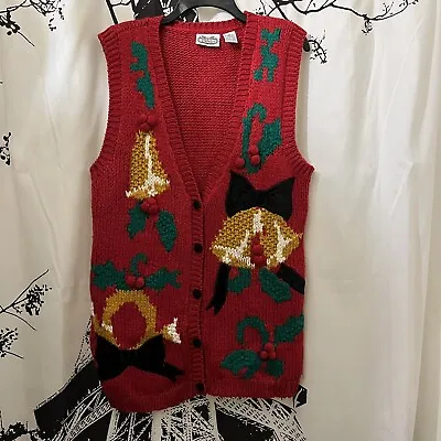VTG Christmas Sweater Vest Chunky Knit Music Horn Bells Holly Button Red Medium • $28