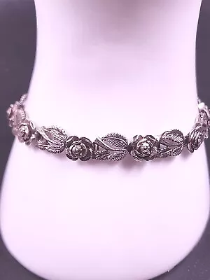 Vintage Stefani Argento Sterling Silver 3D Rose & Leaf Link Bracelet 7.5  13g • $30