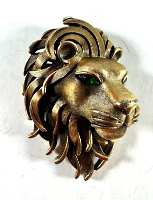 Vintage Trifari Brooch Lion Head Green Eyes Heavy Bronzed Look Figural • $280