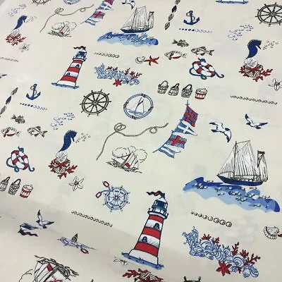 Nautical Fabric Cotton Boat Marine Blue Ocean Sea Lighthouse Upholstery Canvas • £14.49