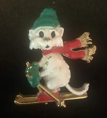 $9.99 • Buy Vintage Gold Tone Cat On Ski Pin Brooch Jewelry Unmarked