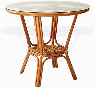 $455.73 • Buy Pelangi Dining Natural Rattan Wicker Handmade Round Table Glass Top, Cognac
