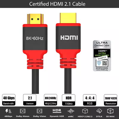 Certified HDMI 2.1 Cable Ultra HD 8K@60Hz 4K@120Hz 48Gbps UHD 3D Dynamic HDR • $19.97