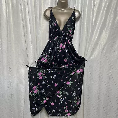 VTG XL Olga Esque Nightgown Negligee Gown Floral Black Nylon Shiny Lace Soft • $79.99