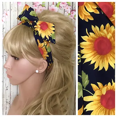 £4.49 • Buy Navy Sunflower Print Cotton Fabric Bendy Hair Wrap Wire Bow Scarf Headband Retro