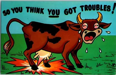 10 Qt So You Think You Got Troubles? Comic 50's Art VTG Postcard Brown Cow Udder • £4.86