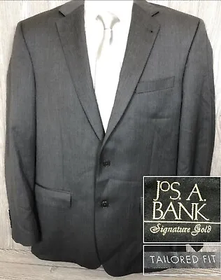 Jos A Bank Gold Mens Tailored Fit Grey Herringbone Wool Sport Coat 42 Long (t20) • $45