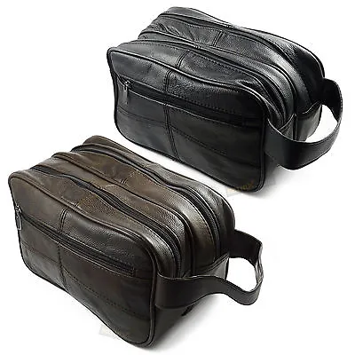 £12.99 • Buy Quality Leather Wash Bag 3 Zipped Sections Cowhide Toiletries Toiletry Travel 