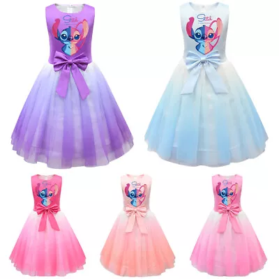 Kids Girls Lilo Stitch Cartoon Costume Dress Pleated Skirt Princess Party Gifts • £13.99