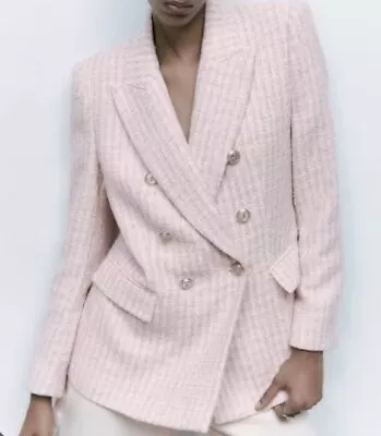 Zara Pink & White Tweed Style Blazer Jacket Size M Textured Weave • $59