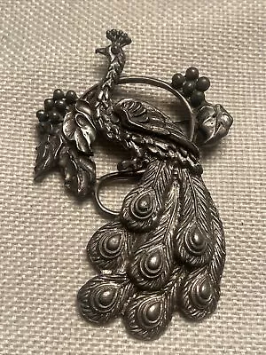 Vintage Designer Costume Jewelry Pewter Ornate Peacock Bird Brooch Pin • $9.99